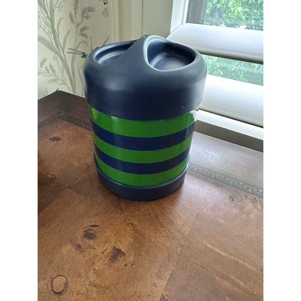 Pottery Barn Kids Thermos Green Strips Hot Cold 10 oz & Foldup Spoon in Lid PBK